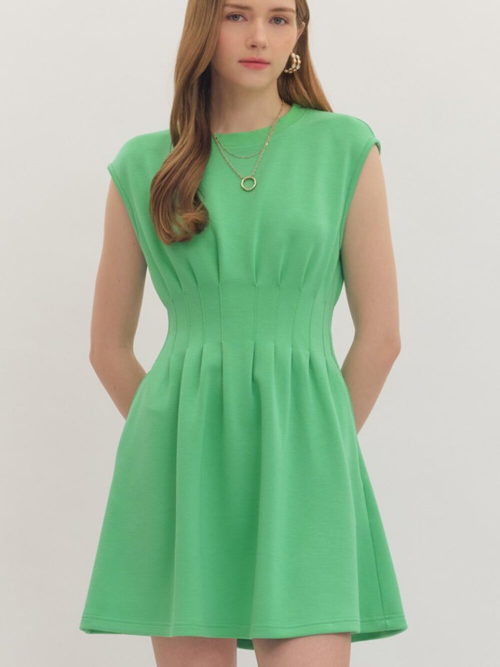 entro Pleated Waist Mini Dress - Green